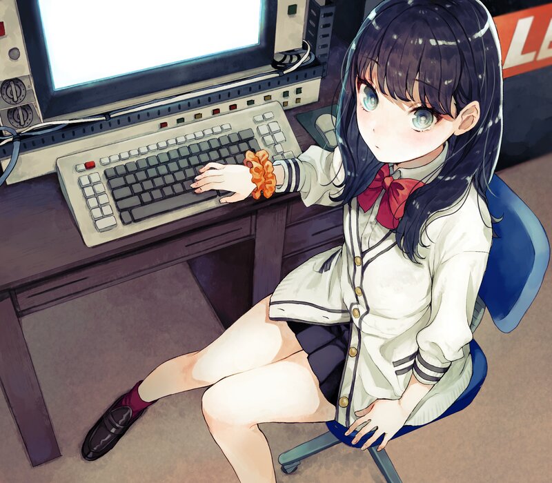 Anime Girl at Computer — White, Calm