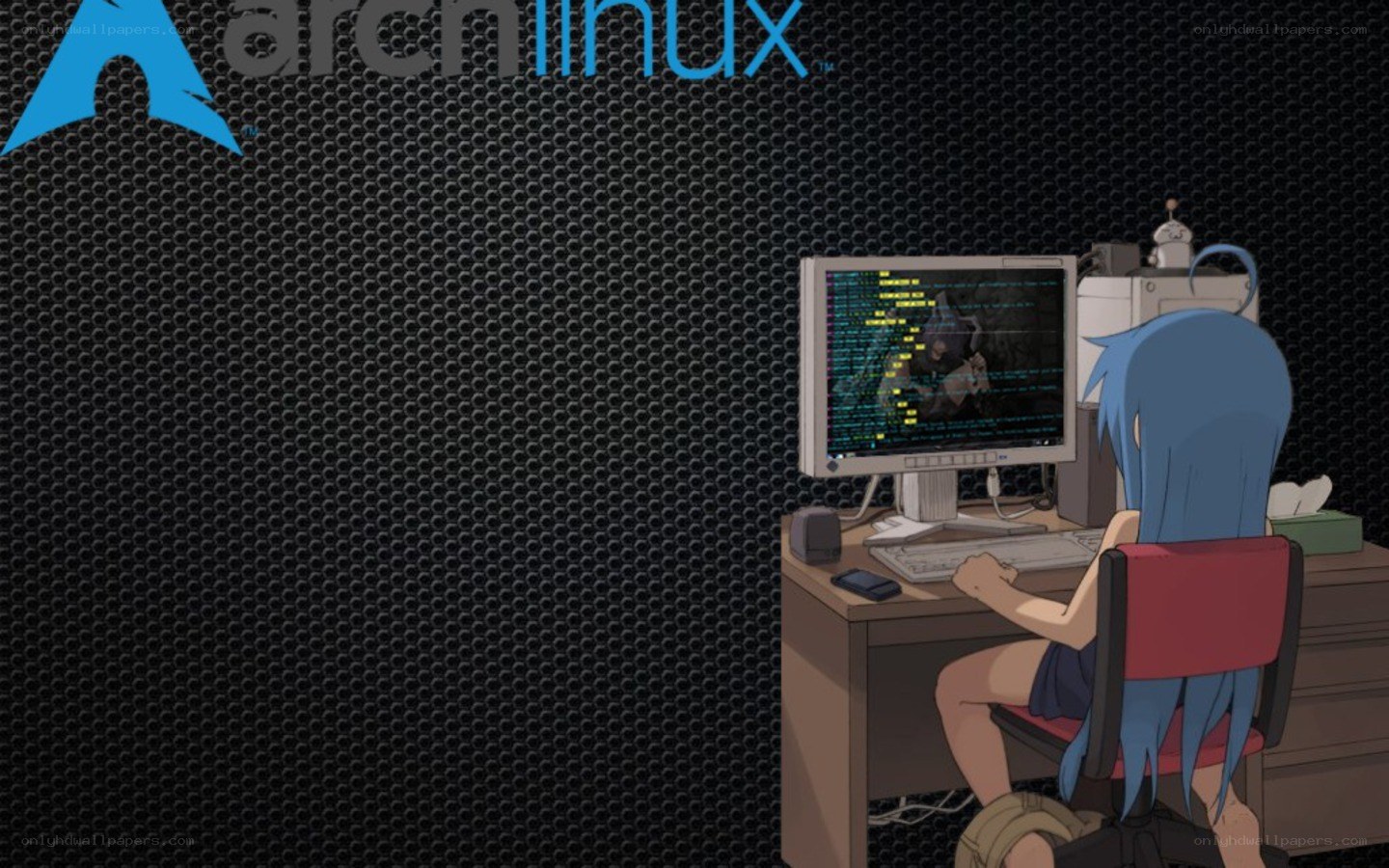 anime girl at computer with Arch Linux