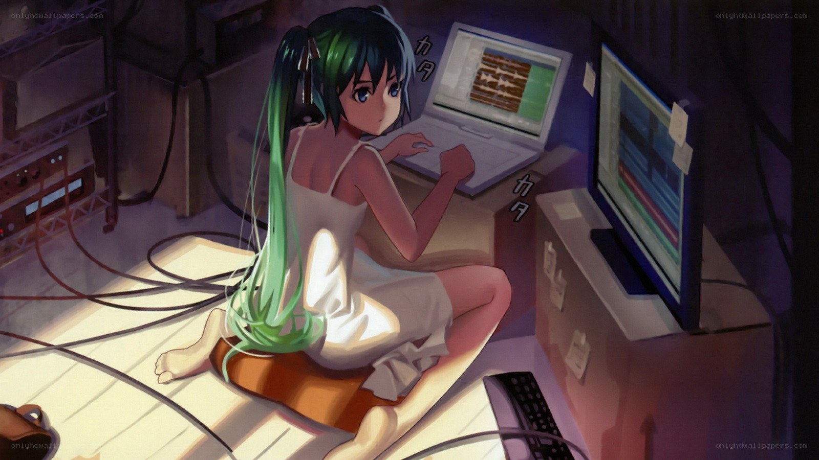Anime girl at computer workstation