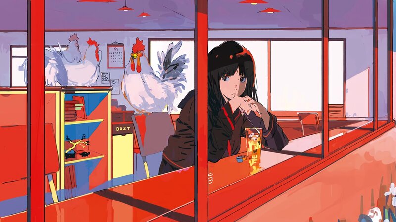 Anime Girl at Counter — Red