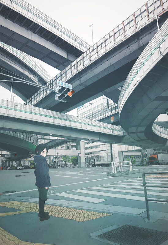 Anime Girl at Crosswalk — Gray, Calm, Afternoon