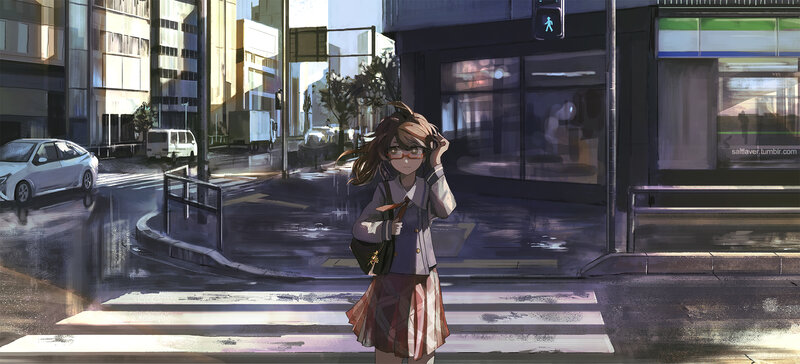 Anime Girl at Crosswalk — Gray, Dramatic