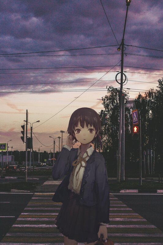 Anime Girl at Crosswalk — Purple, Dramatic