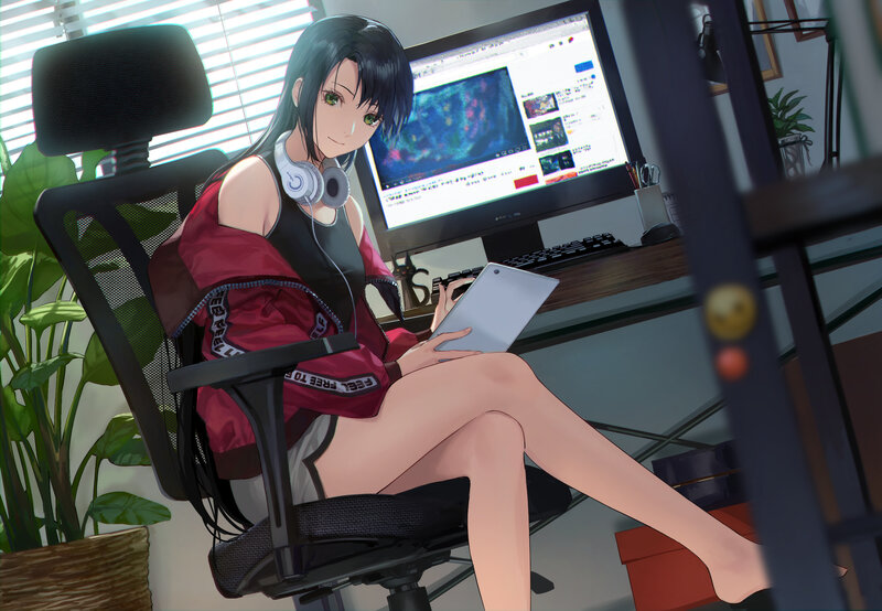 Anime Girl at Desk — Black, Calm, Afternoon, Digital Art