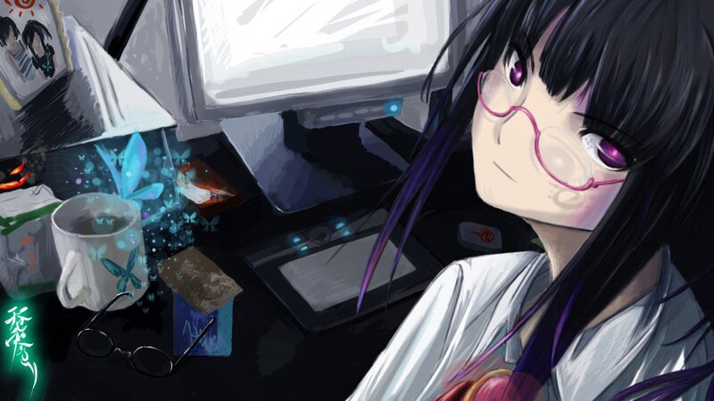 Anime Girl at Desk — Black, Calm, Digital Art, Glasses