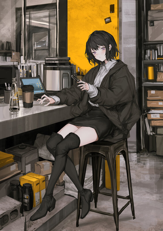 Anime Girl at Desk — Black, Calm, Digital Art, Laptop