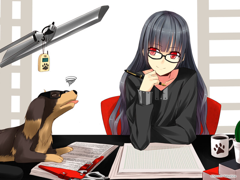 Anime Girl at Desk — Black, Calm