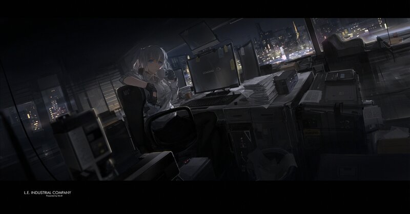 Anime Girl at Desk — Black, Dark, Quiet
