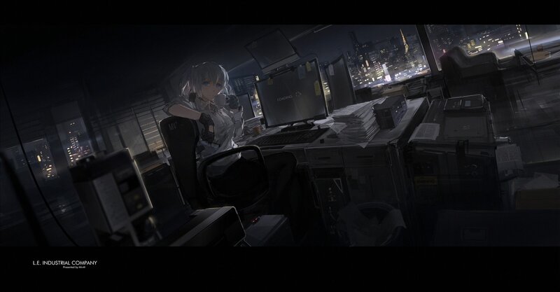 Anime Girl at Desk — Black, Dark