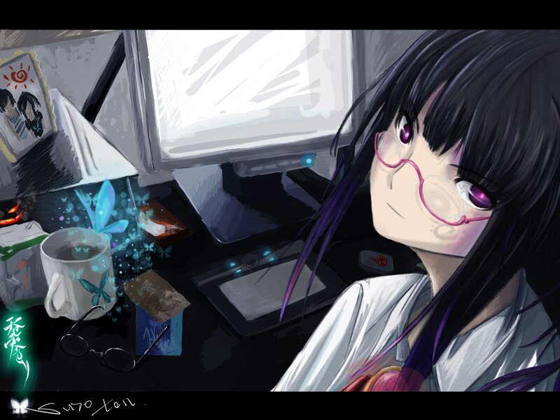 Anime Girl at Desk — Black