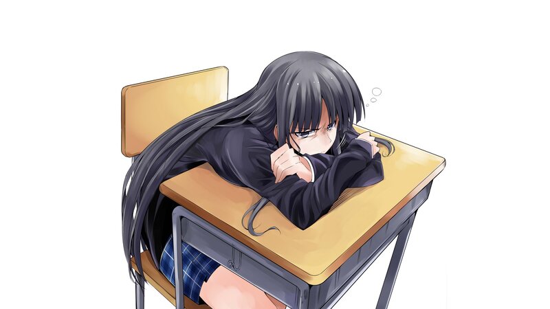 Anime Girl at Desk — Black, Tired