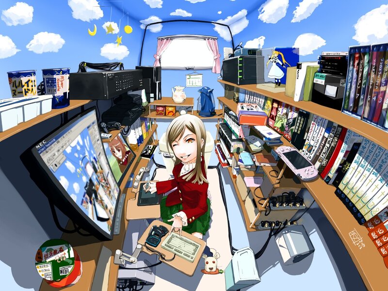 Anime Girl at Desk — Blue, Busy