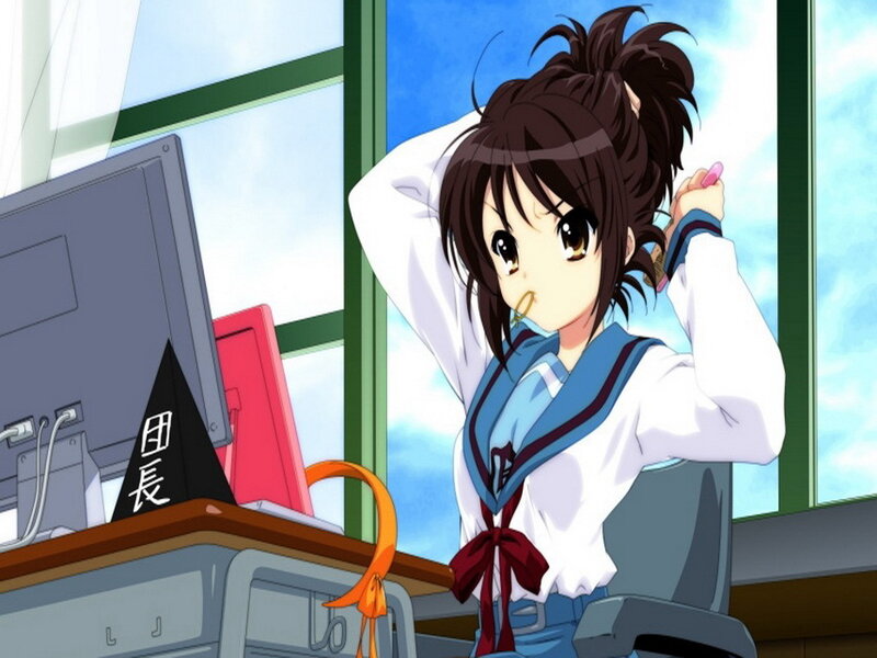 Anime Girl at Desk — Blue, Calm, Afternoon, Computer Monitor, Window, White, Brown, 団長