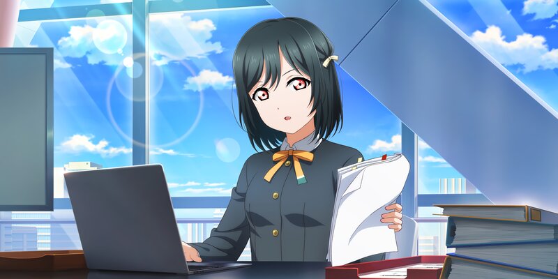 Anime Girl at Desk — Blue, Calm, Afternoon, Laptop