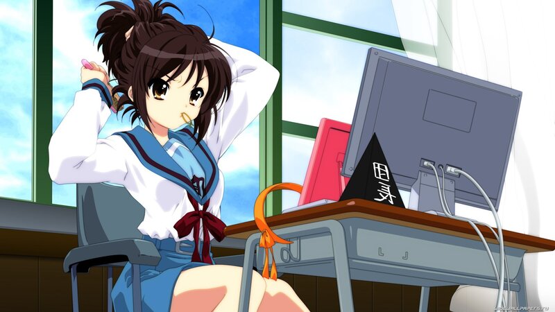 Anime Girl at Desk — Blue, Calm, Afternoon, School Uniform, Computer Monitor, White, Brown