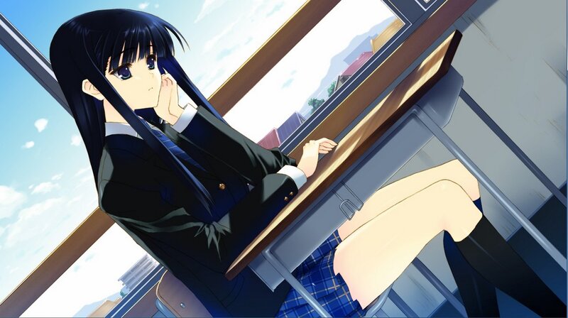 Anime Girl at Desk — Blue, Calm, Afternoon, School Uniform