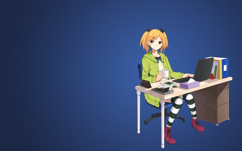Anime Girl at Desk — Blue, Calm, Laptop