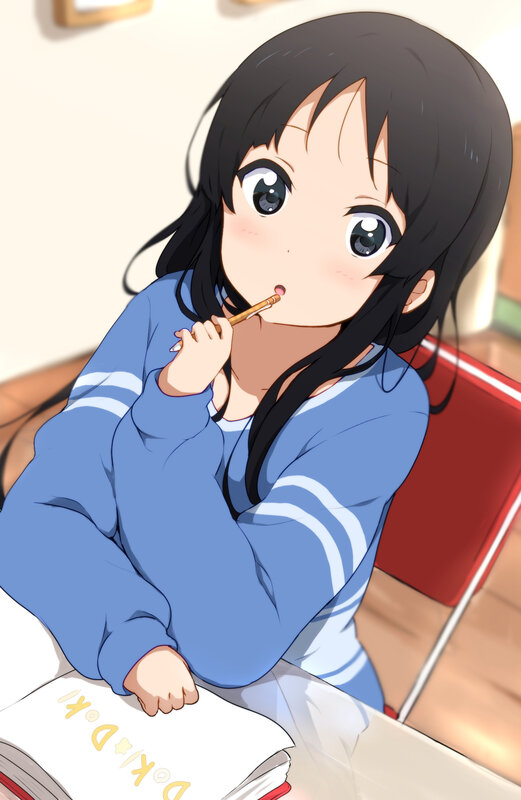 Anime Girl at Desk — Blue, Calm, Morning, Book