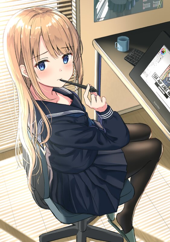 Anime Girl at Desk — Blue, Calm, Morning, Digital Art, Computer, Pen