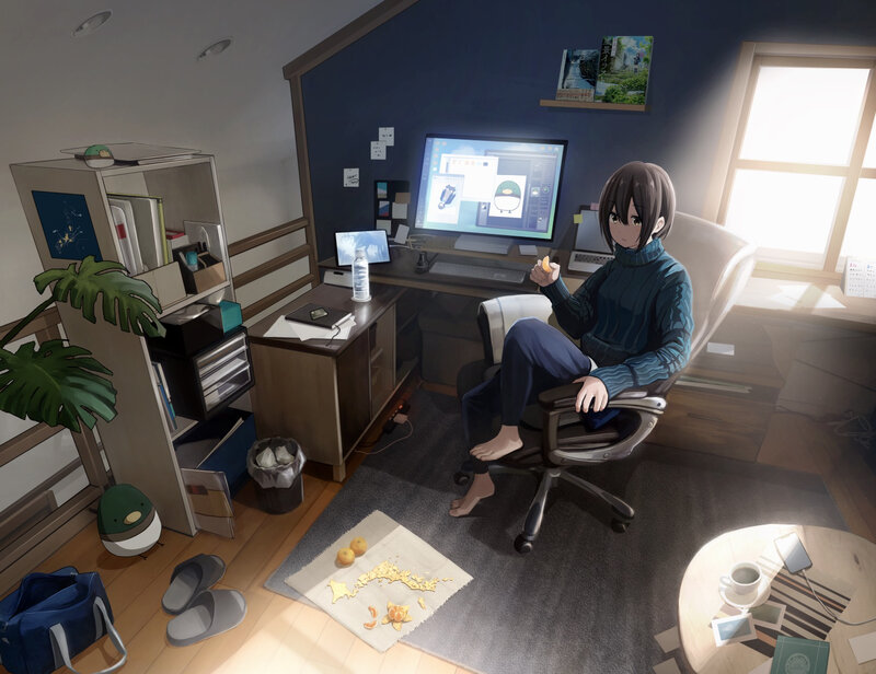 Anime Girl at Desk — Blue, Calm, Morning, Digital Art, Computer