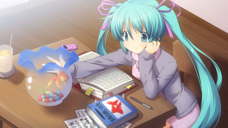 Anime Girl at Desk — Blue, Calm, Morning, Digital Art
