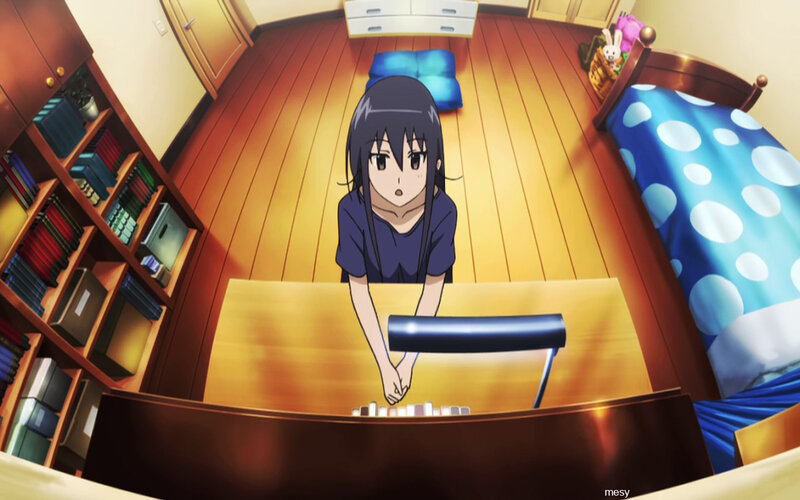 Anime Girl at Desk — Blue, Calm, Night, Bookshelf