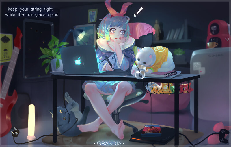 Anime Girl at Desk — Blue, Calm, Night, Digital Art, Cat