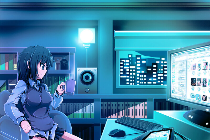 Anime Girl at Desk — Blue, Calm, Night, Digital Art, Computer