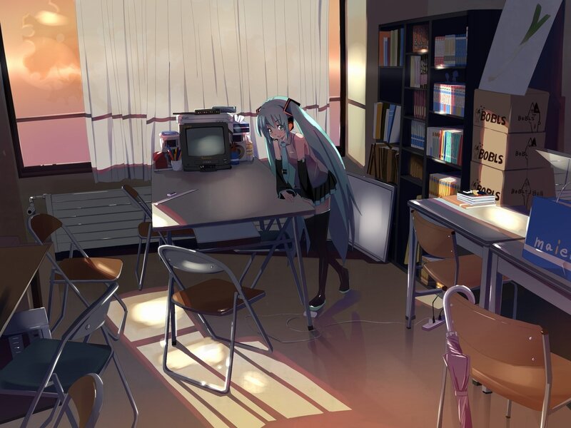 Anime Girl at Desk — Blue, Calm, Sunset