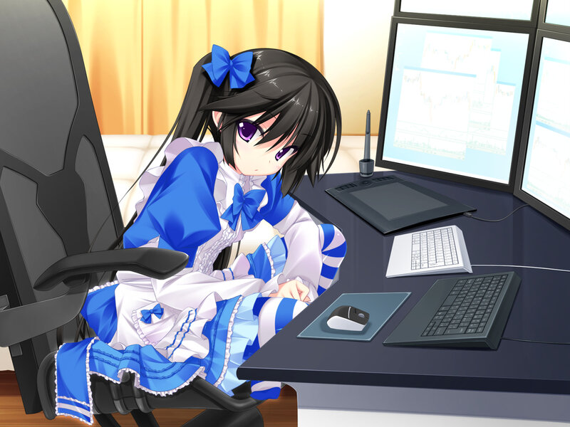Anime Girl at Desk — Blue, Calm