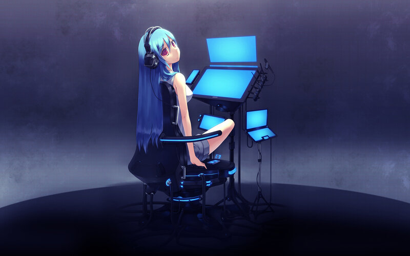 Anime Girl at Desk — Blue, Dramatic