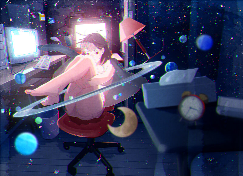 Anime Girl at Desk — Blue, Dreamy