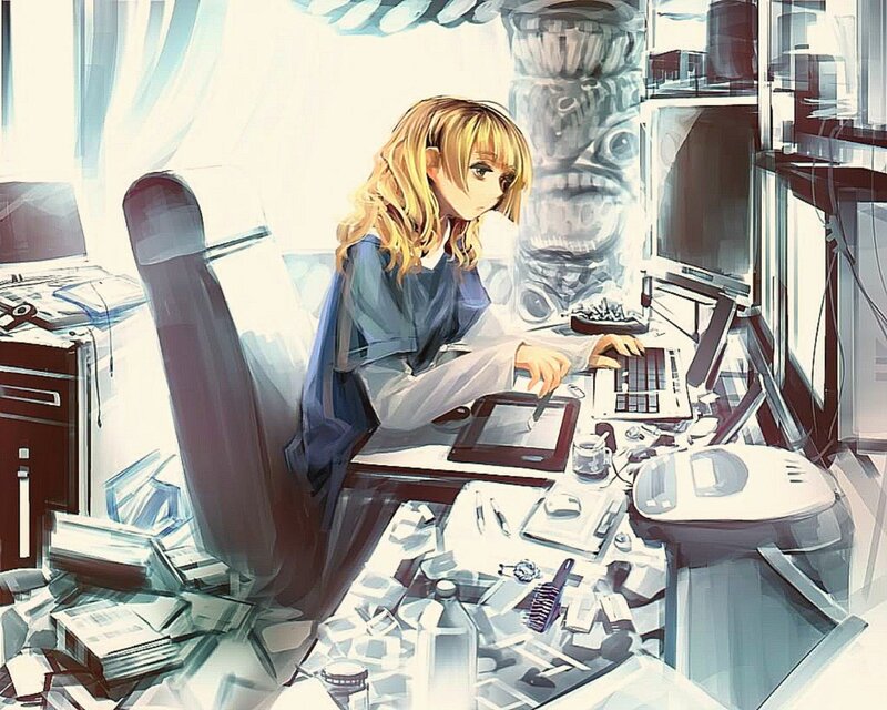 Anime Girl at Desk — Blue, Focused