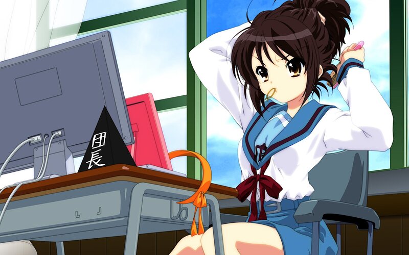 Anime Girl at Desk — Blue, Relaxed, Afternoon, School Uniform