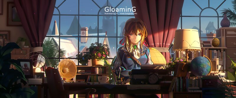 Anime Girl at Desk — Blue, Serene