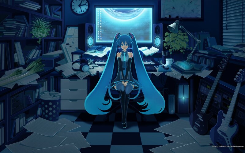 Anime Girl at Desk — Blue