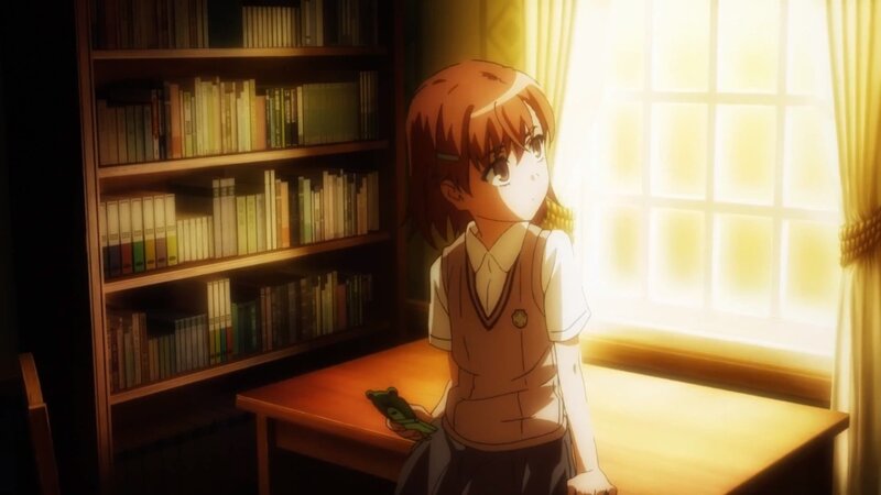 Anime Girl at Desk — Brown, Calm, Afternoon, Bookshelf