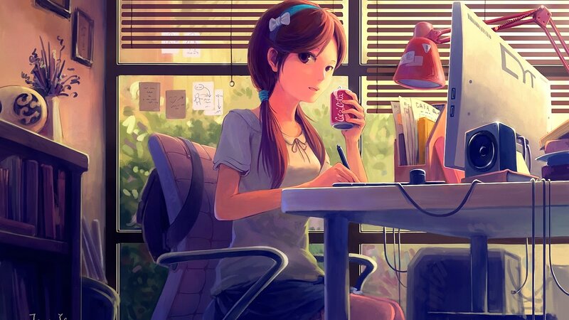 Anime Girl at Desk — Brown, Calm, Afternoon, Digital Art, Computer, Drink