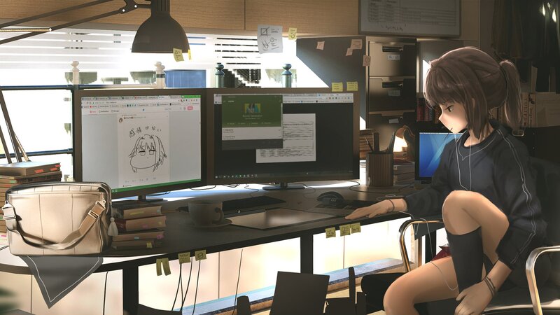 Anime Girl at Desk — Brown, Calm, Afternoon, Digital Art, Computer Monitors
