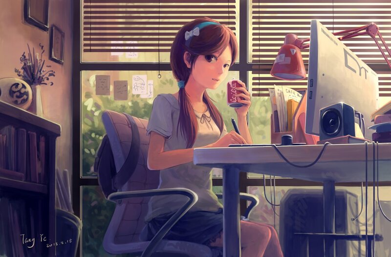 Anime Girl at Desk — Brown, Calm, Afternoon, Digital Art, Computer, Window