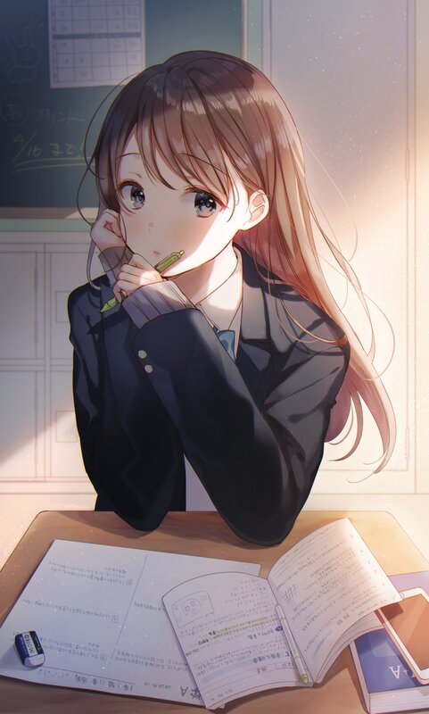 Anime Girl at Desk — Brown, Calm, Afternoon, Digital Art, Notebook