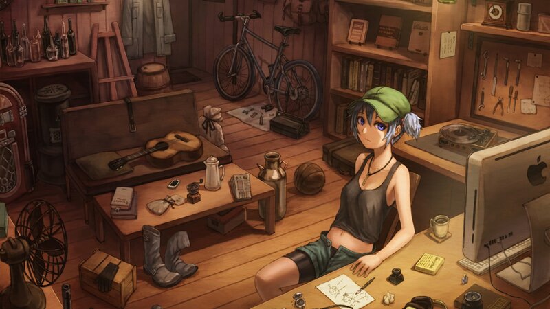 Anime Girl at Desk — Brown, Calm, Digital Art, Computer