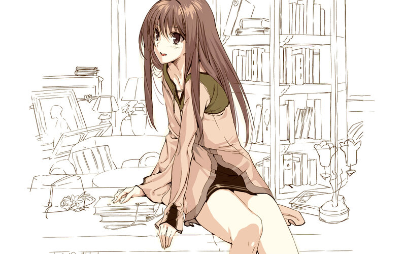 Anime Girl at Desk — Brown, Calm, Manga