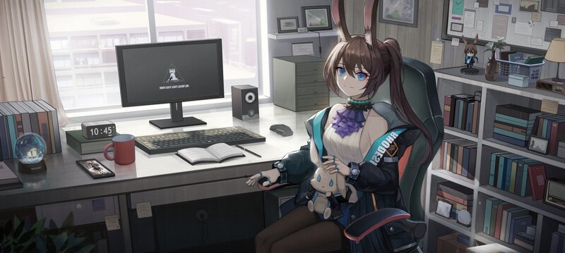 Anime Girl at Desk — Brown, Calm, Morning, Digital Art, Computer