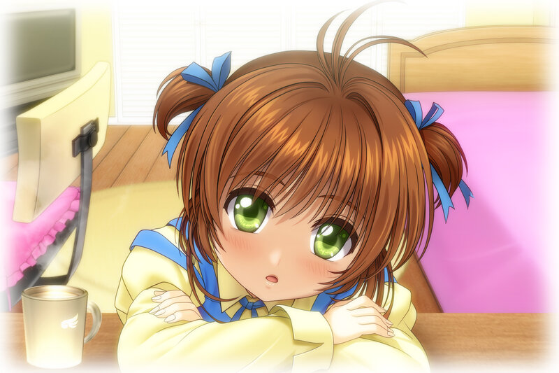 Anime Girl at Desk — Brown, Calm, Morning, Mug
