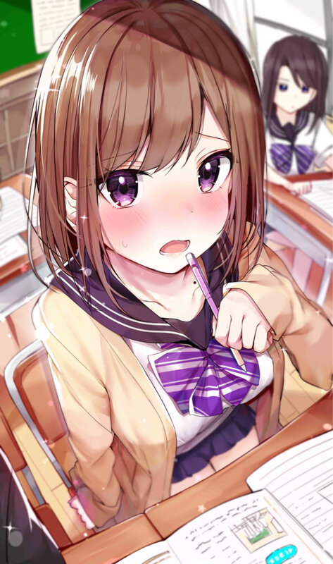 Anime Girl at Desk — Brown, Calm, Morning, School Uniform