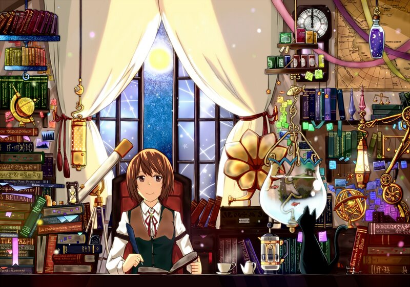 Anime Girl at Desk — Brown, Calm, Night, Books