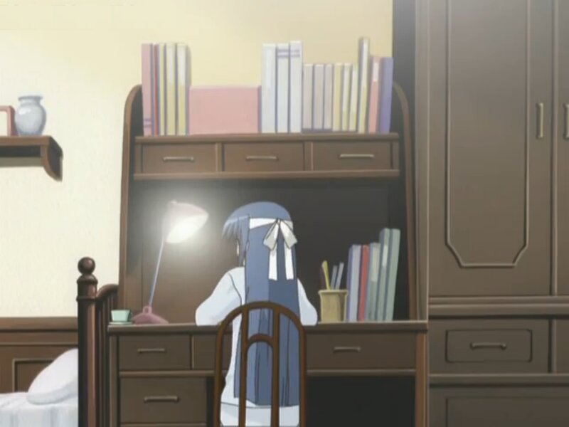 Anime Girl at Desk — Brown, Calm, Night, Bookshelf