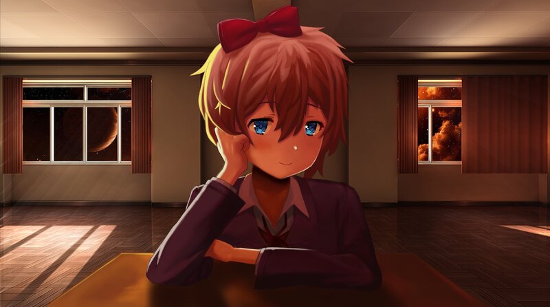 Anime Girl at Desk — Brown, Calm, Night, Digital Art
