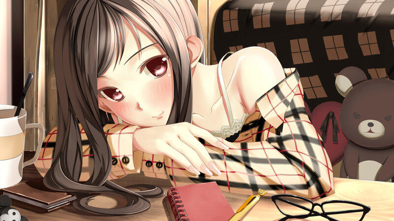 Anime Girl at Desk — Brown, Calm, Plaid Shirt